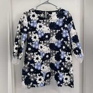 Marina Rinaldi | Black and Blue Floral Blouse | PTP -21” Shoulder to Hem 31”